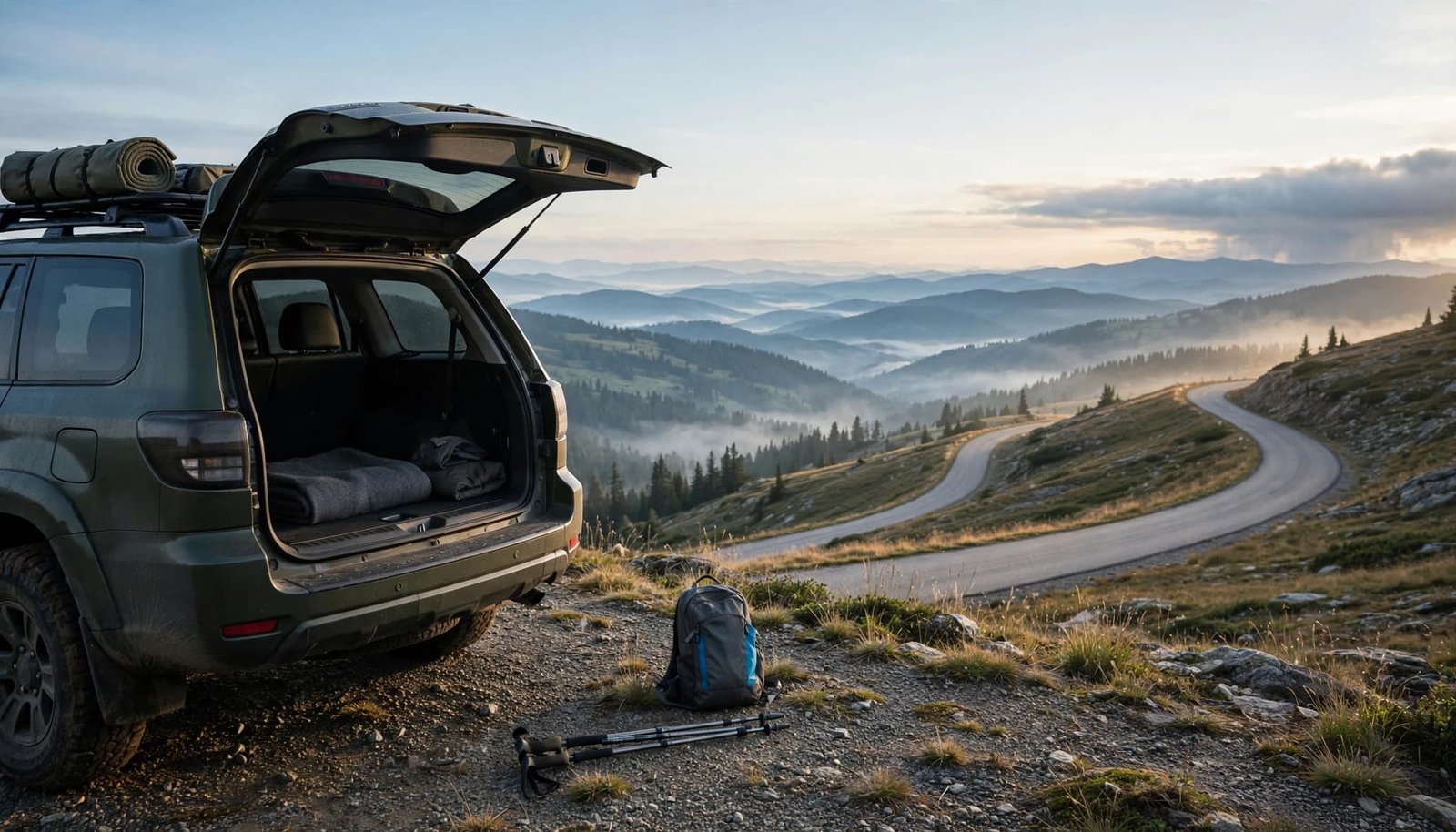 EDS Travel Tips: Plan Around Your Pacing and Mobility A parked SUV with an open trunk and gear overlooking a winding mountain road at sunrise.
