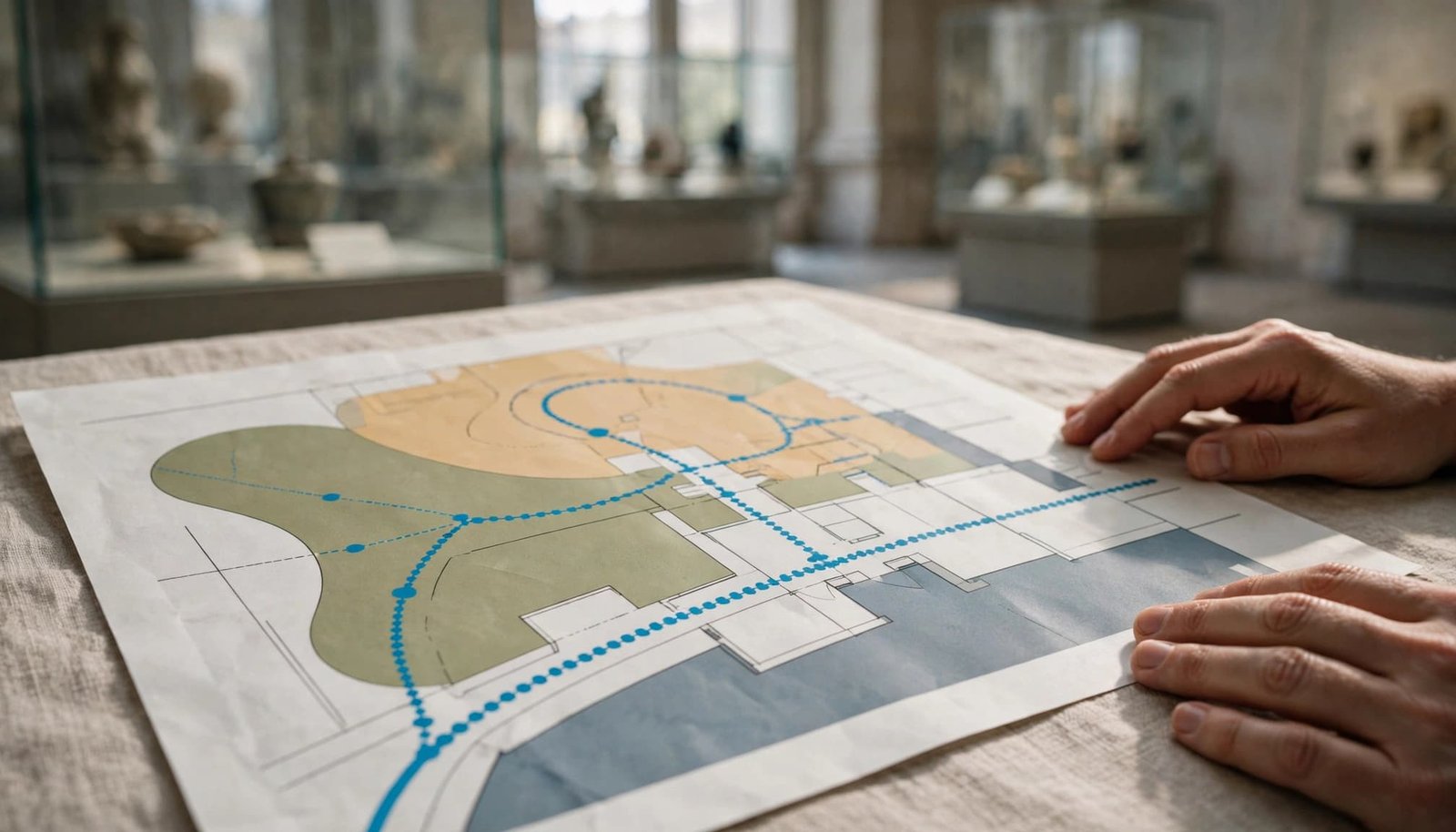 A color-coded museum floor plan rests beside a visitor's hands, with display cases blurred in the background.