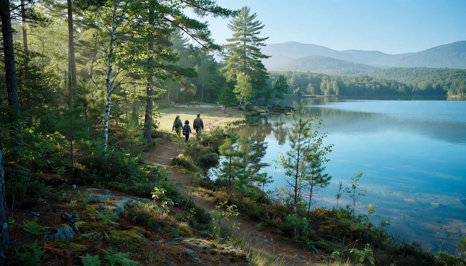 A child and two caregivers walk beside a calm lake under trees.