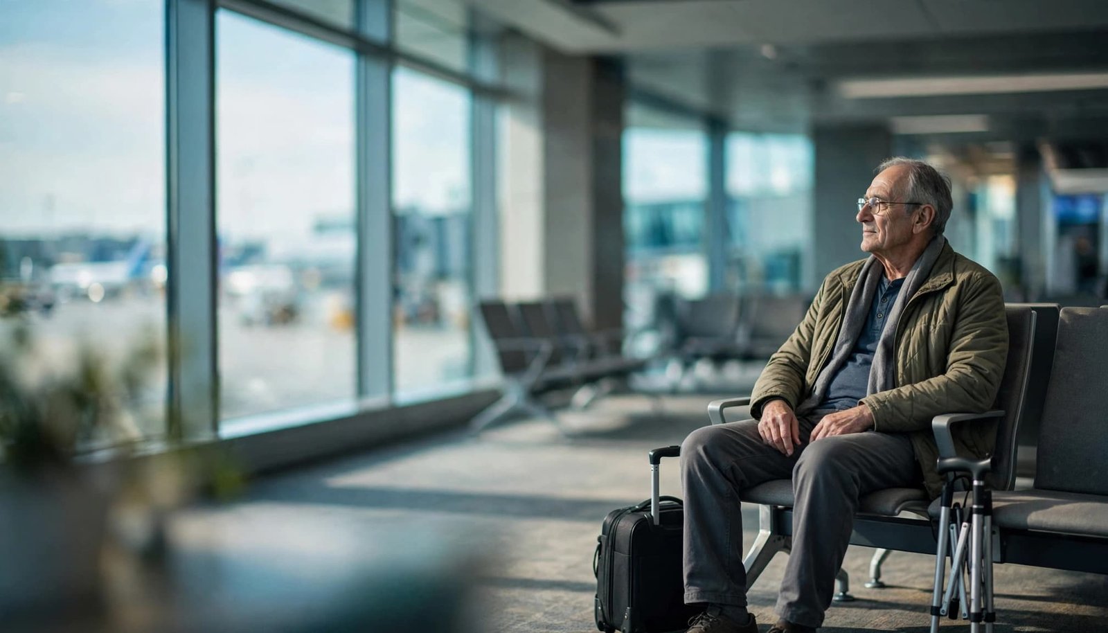 Traveling With Parkinson's: Medication, Movement, Rest An older man sitting in an airport terminal with a carry-on bag and a cane beside him.