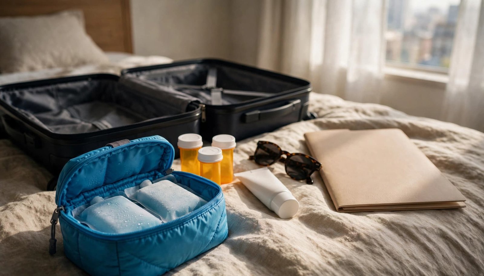 Traveling With Lupus: Plan for Sun and Fatigue A travel medication kit with pill bottles, a blue cooling pouch, sunglasses, and a document folder on a bed.