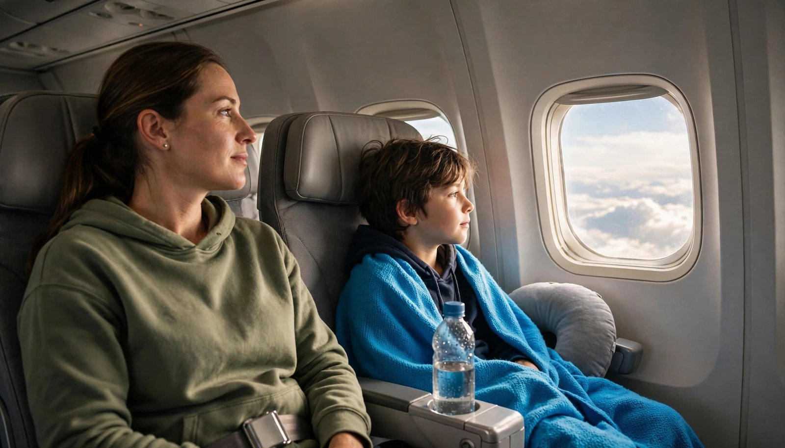 A child looks at clouds through an airplane window while a parent sits beside them.