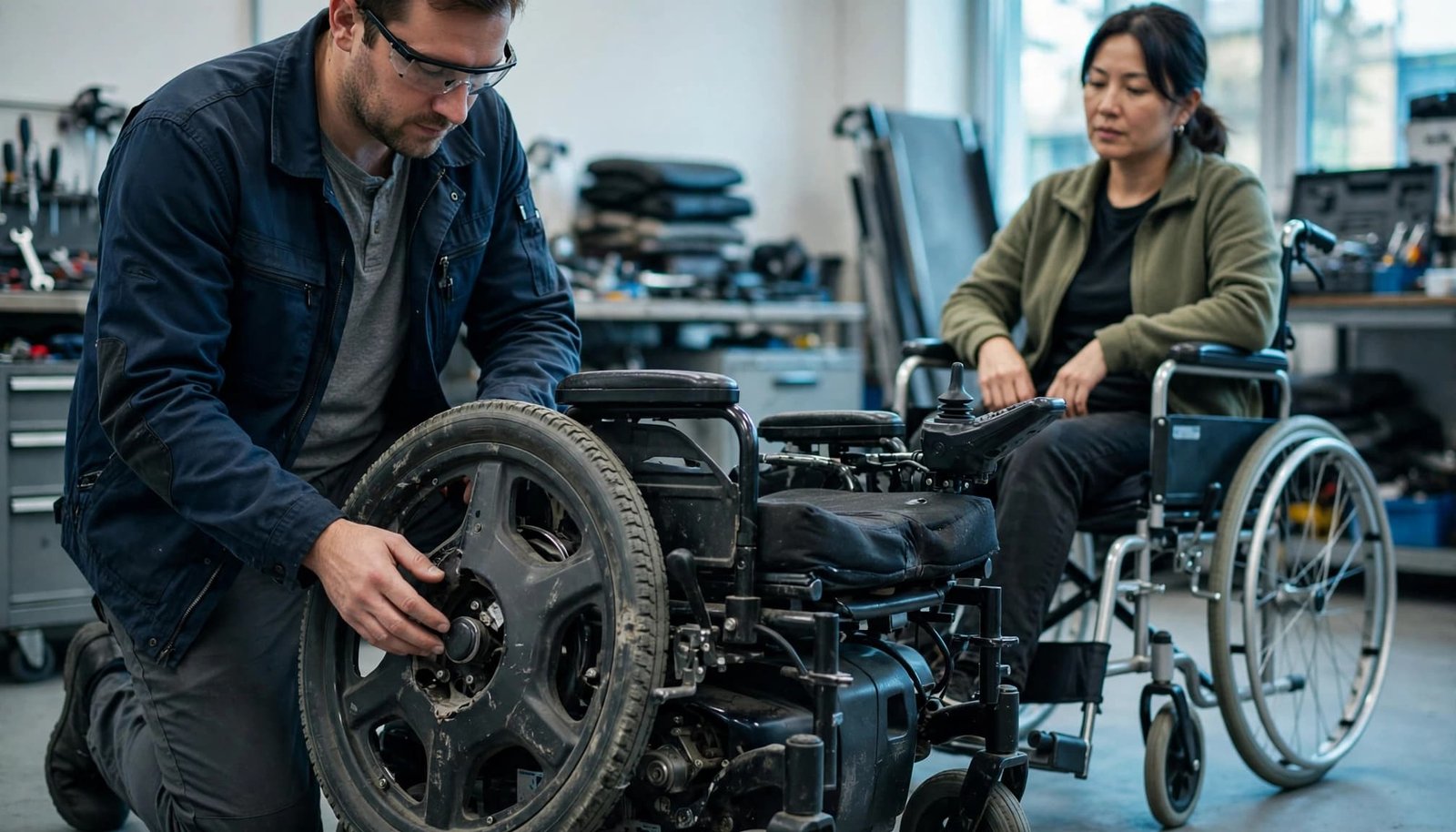 A technician inspects a wheelchair while a woman sits in another wheelchair nearby.
