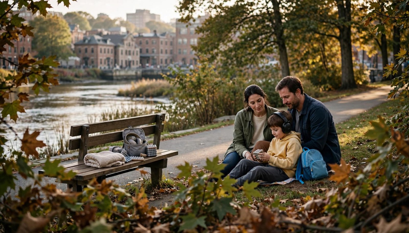 A family of three enjoying a quiet break by a riverside path with historic buildings in the background.