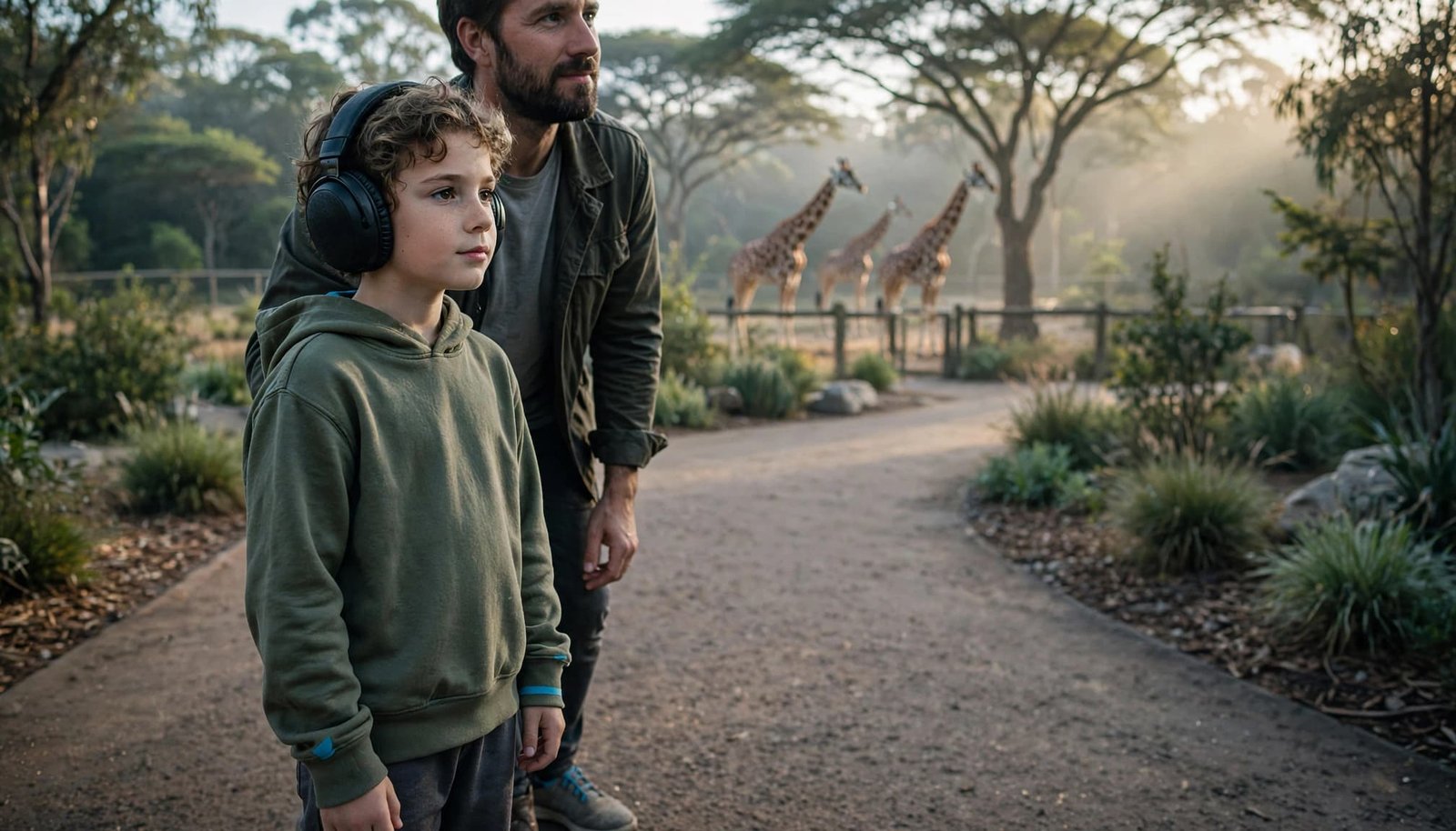Autism-Friendly Zoo Visits: A Calmer Family Day A father and son wearing headphones look at giraffes in a zoo enclosure during the morning.