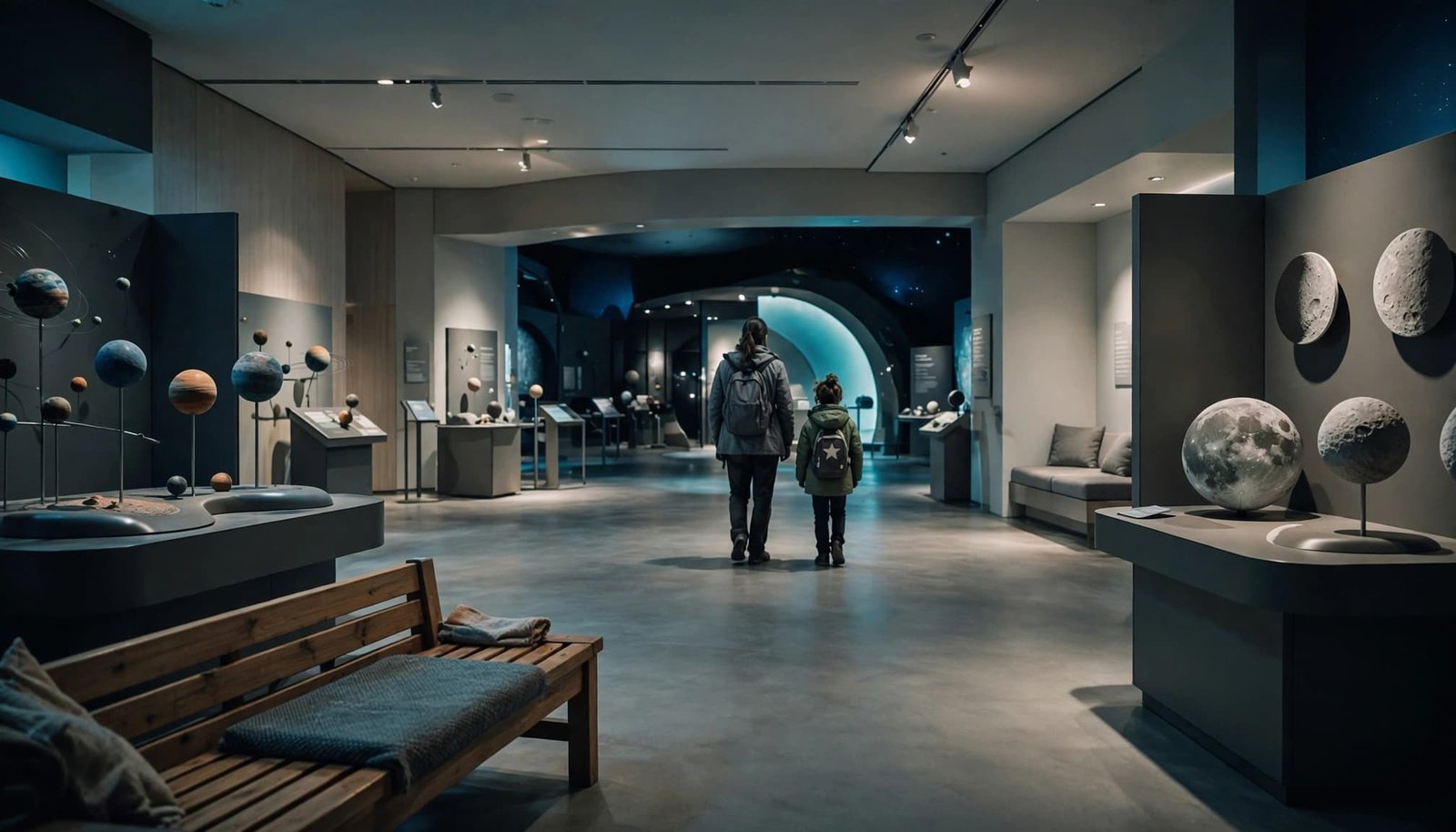 An adult and child explore a spacious astronomy exhibit near a glowing planetarium entrance.