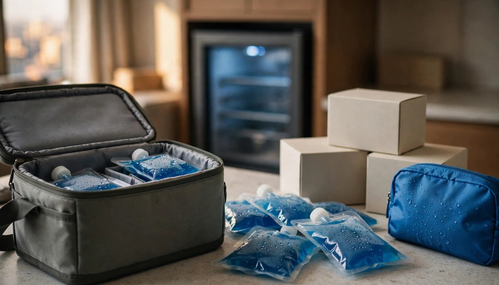 How to Travel With Refrigerated Medication An insulated medicine cooler, gel packs, and prescription cartons sit on a hotel counter.