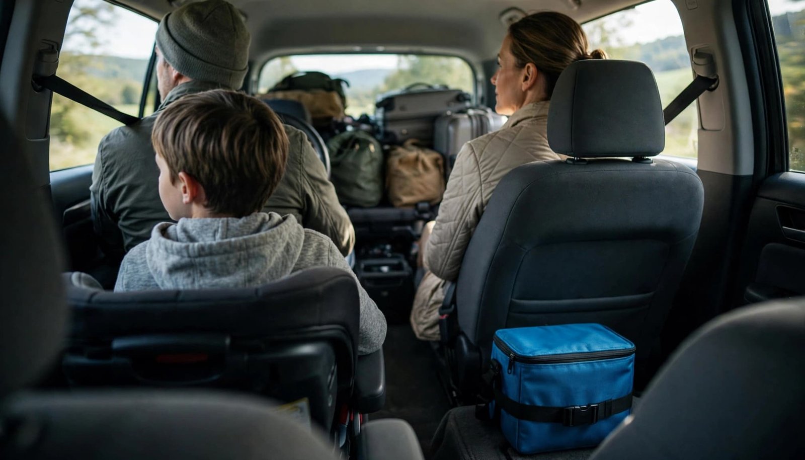 How to Travel With Refrigerated Medication A blue cooler sits behind the front seat while a family rides and luggage remains in the cargo area.