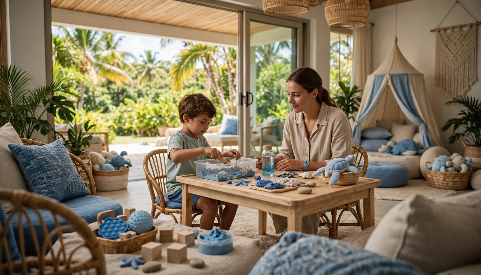 Resort Kids Clubs: Questions About Disability Support A child and a woman sitting at a wooden table playing with sensory toys in a bright playroom.