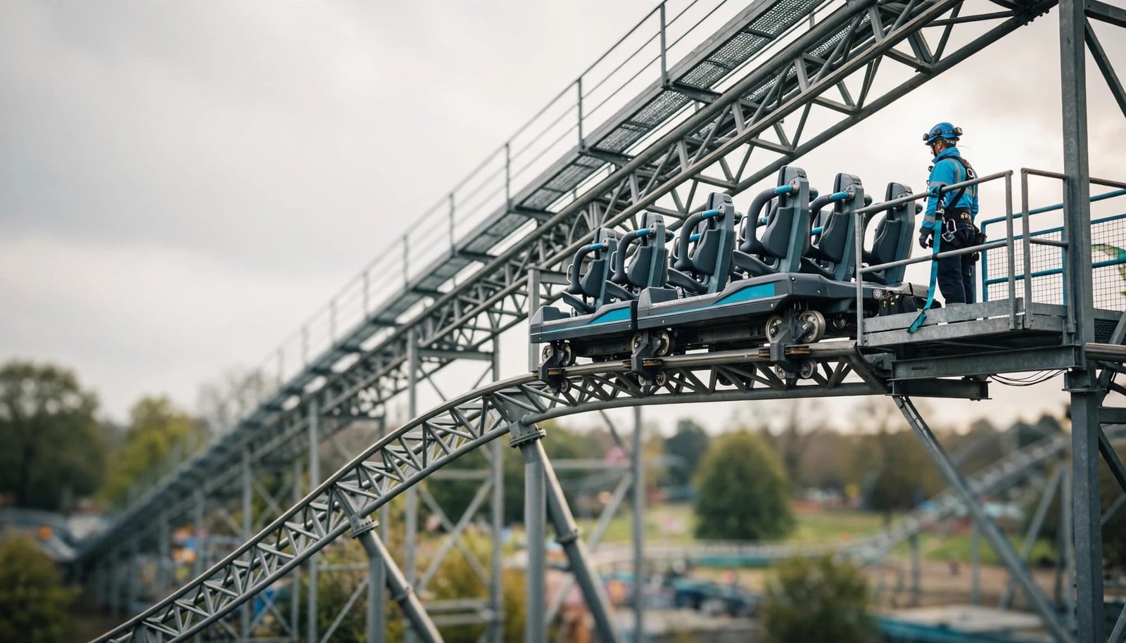 Theme Park Evacuations With a Disabled Child An empty roller coaster car on an elevated track with a worker in safety gear on a platform.