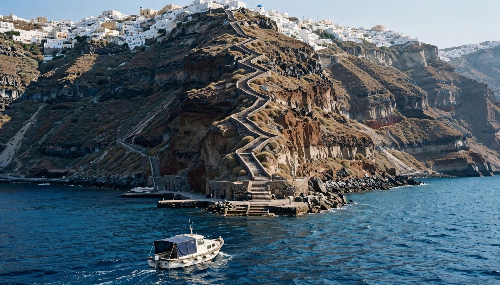 How to Plan Accessible Shore Excursions A small passenger tender approaches a steep cliffside harbor with a long zigzag staircase leading to a town above.