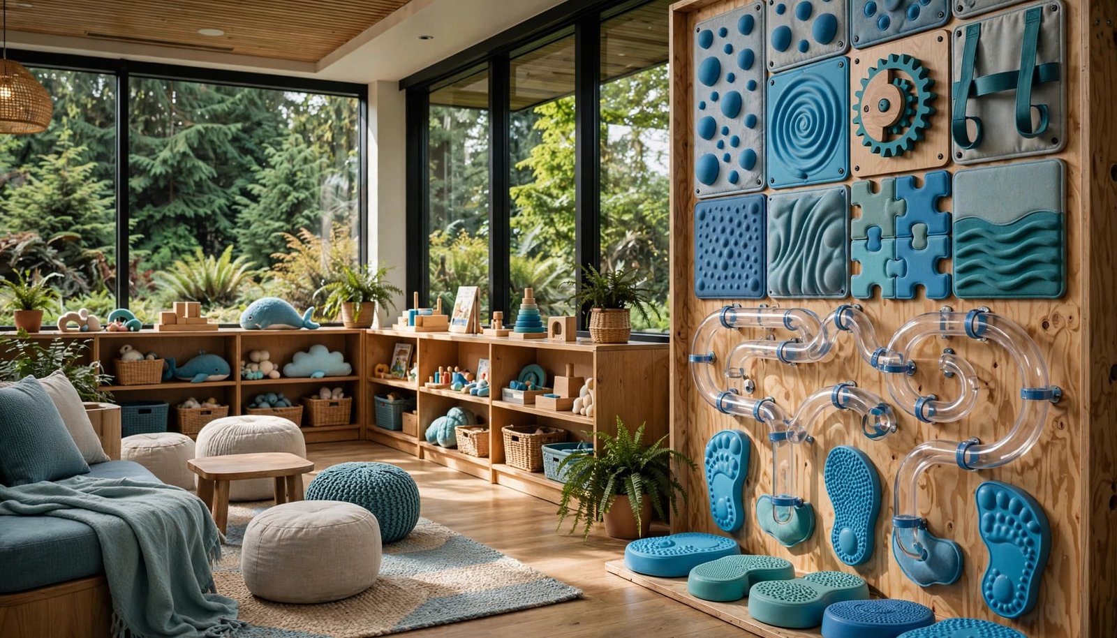 Autism-Friendly Seattle Family Vacation Guide A children's library corner with a large blue sensory wall and low wooden toy shelves.