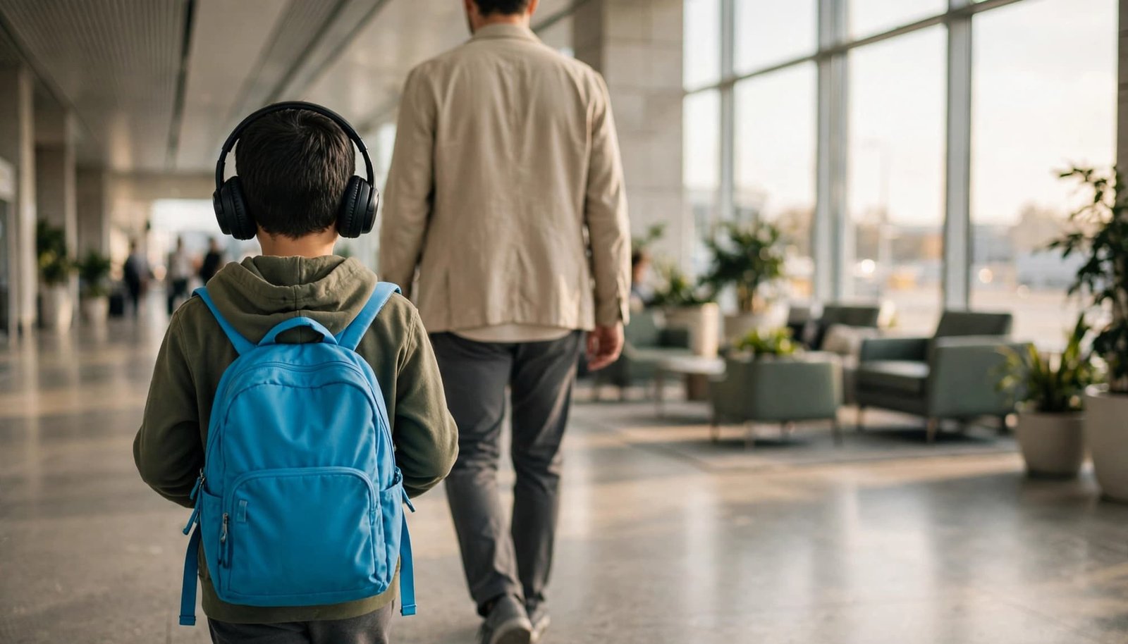 A child with headphones and a blue backpack walks beside a caregiver in an airport.