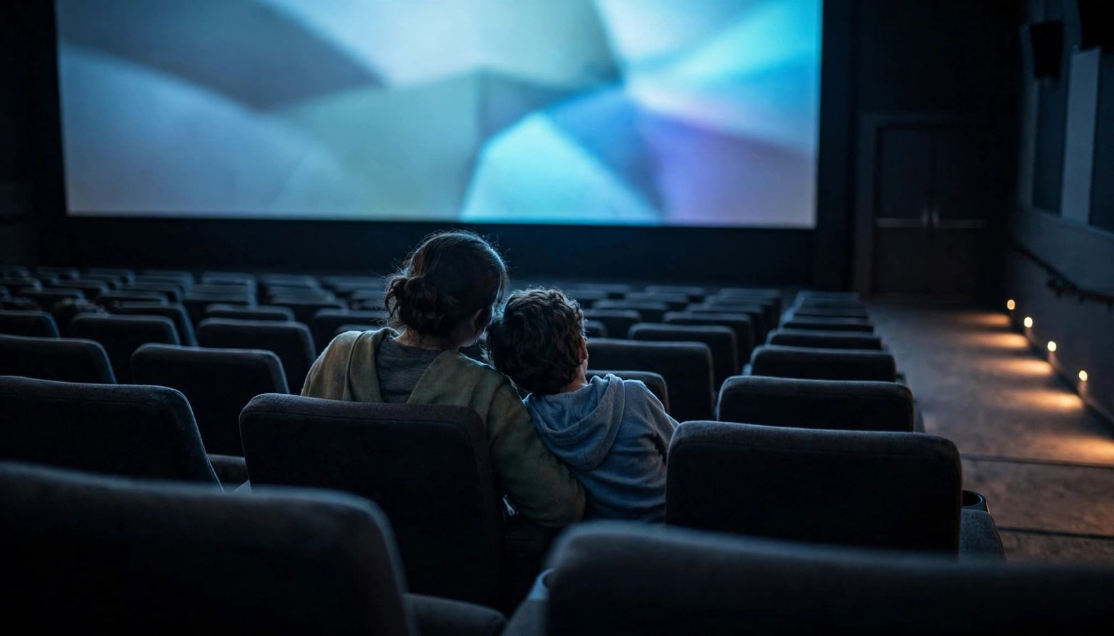 An adult and child seated together watching a movie in a dimly lit theater.