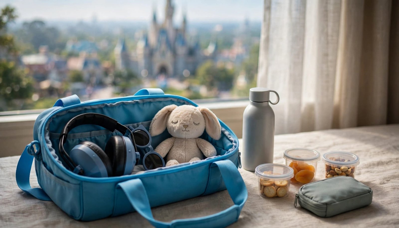 Disney World Autism Planning for Calmer Family Trips An open blue bag holds earmuffs, sunglasses, a soft toy, water, snacks, and a first-aid pouch.