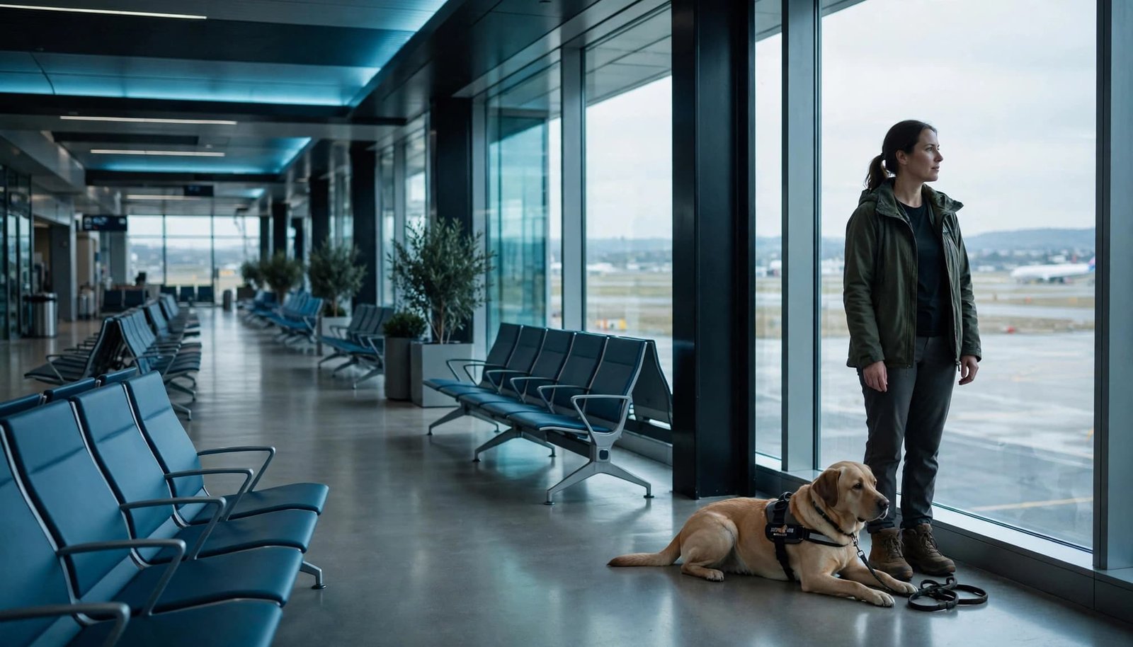 Flying With a Service Dog: Forms and Airport Routines A handler and calm service dog wait beside a window in an airport terminal.