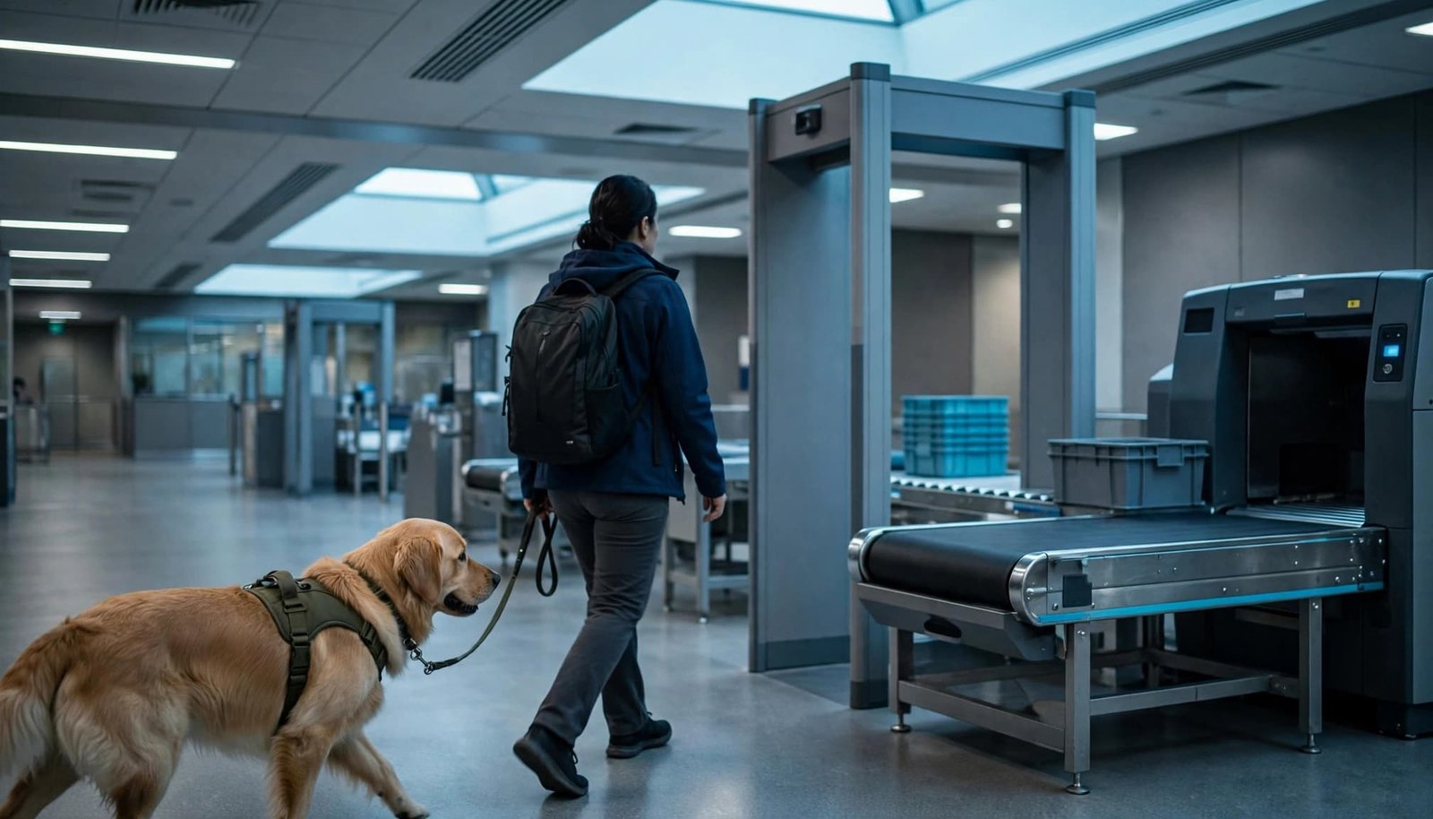 Flying With a Service Dog: Forms and Airport Routines A service dog walks beside its handler through an airport security lane.