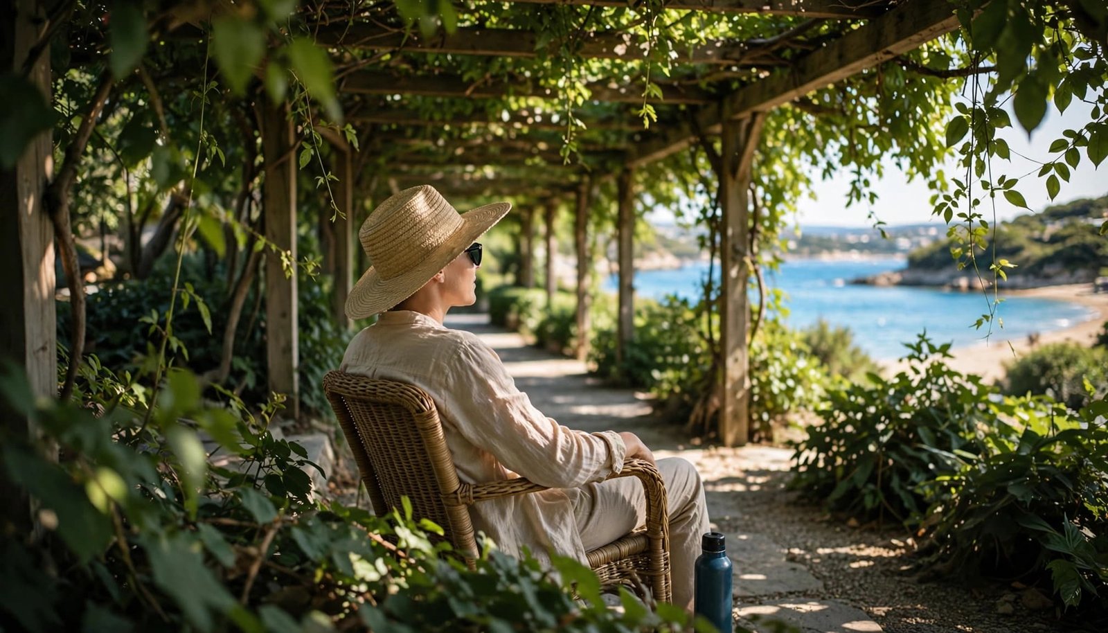 Traveling With Lupus: Plan for Sun and Fatigue A traveler wearing a hat and sunglasses rests in a wicker chair under a leafy pergola by the sea.