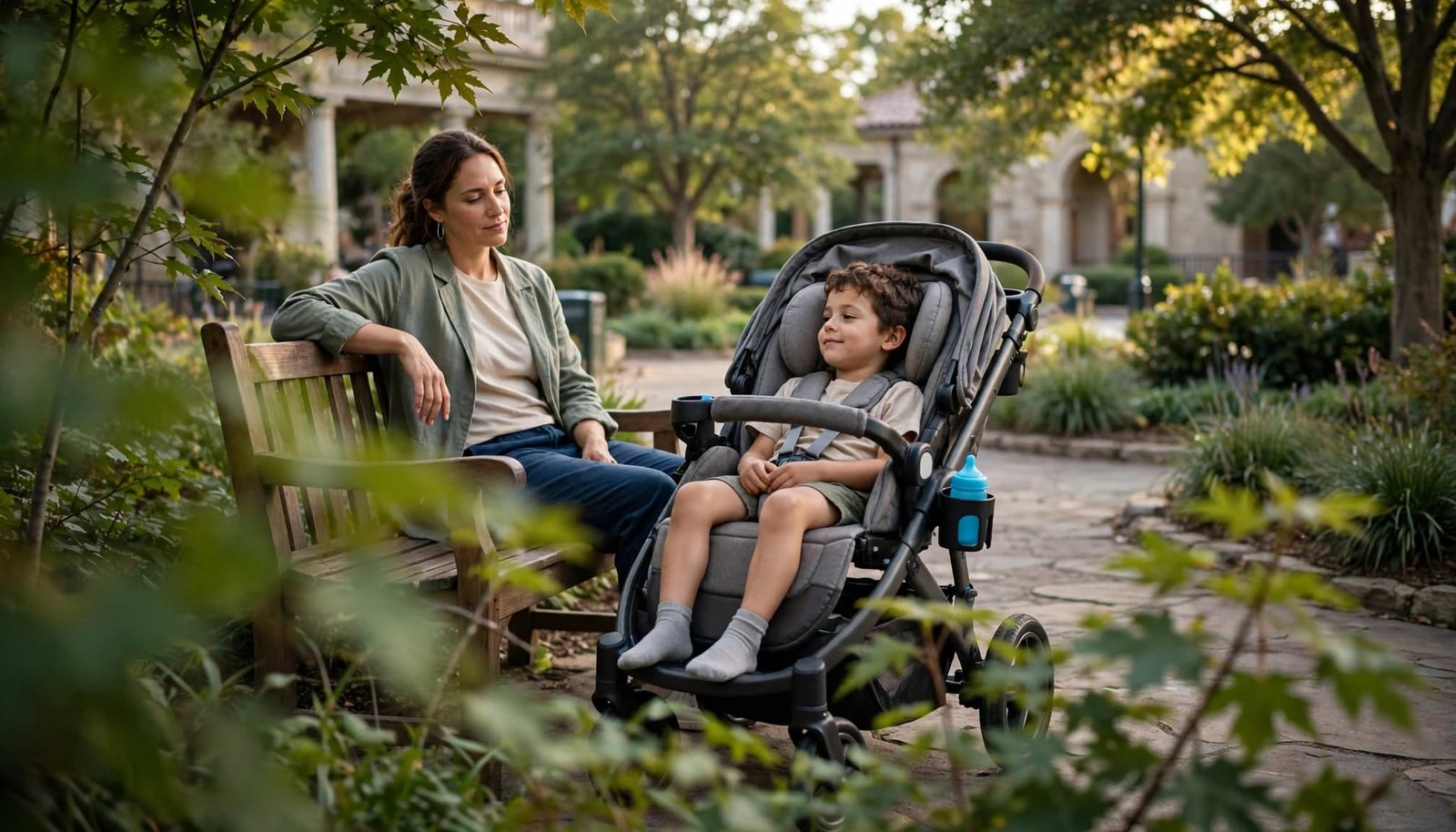 My Disney Experience: Autism Travel Planning An adult woman sits on a wooden bench while a young child sits comfortably in a supportive stroller.