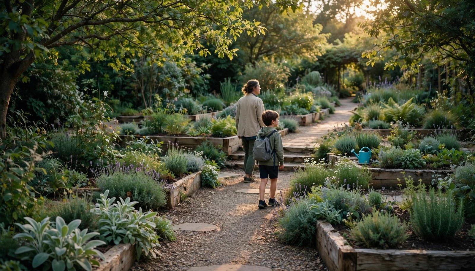 A child and an adult walk along a path in a lush sensory garden with raised beds.