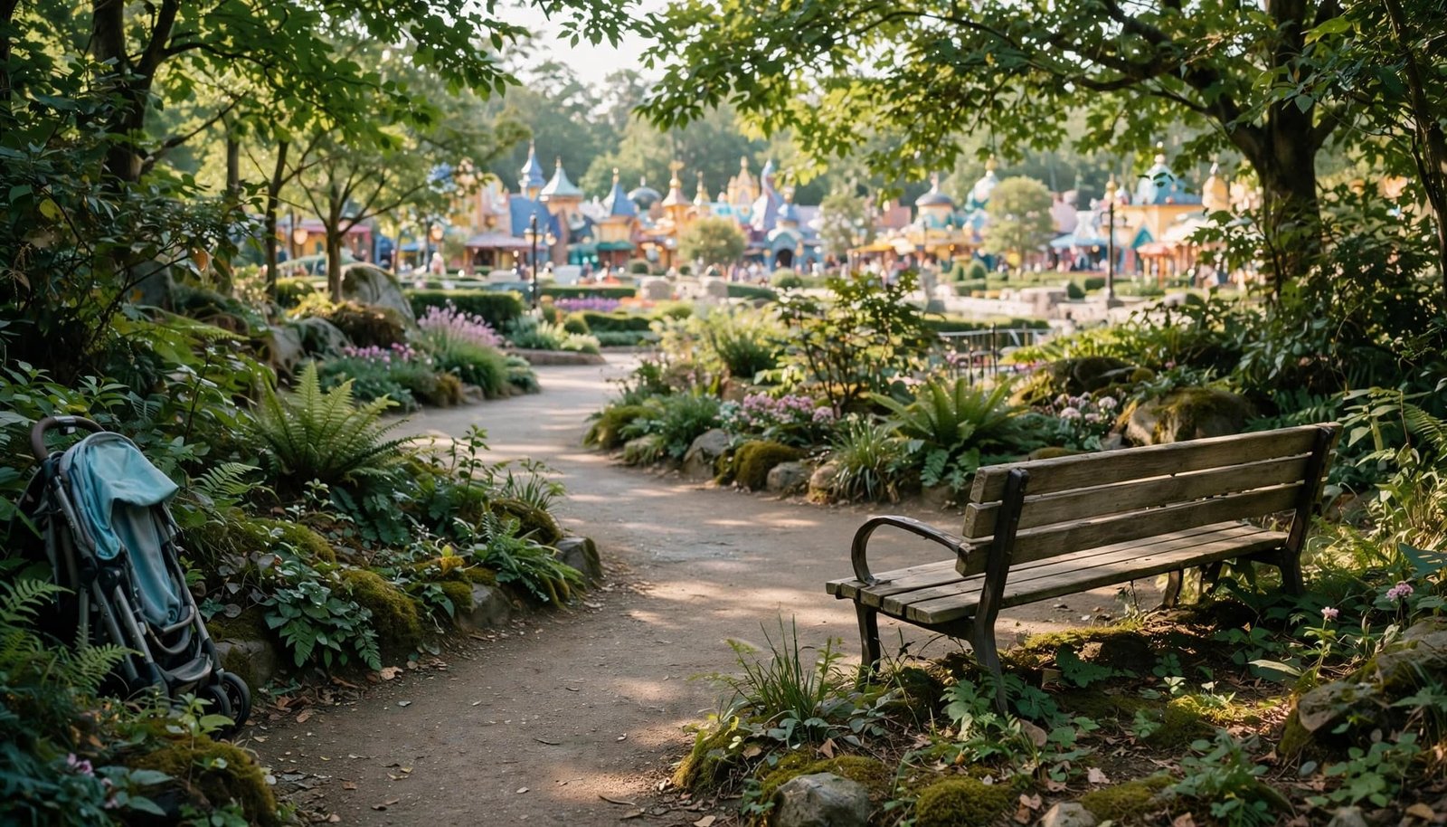 Preview Disney World Maps With Your Autistic Child An empty wooden bench along a shaded path in a lush green park with a fantasy castle in the background.