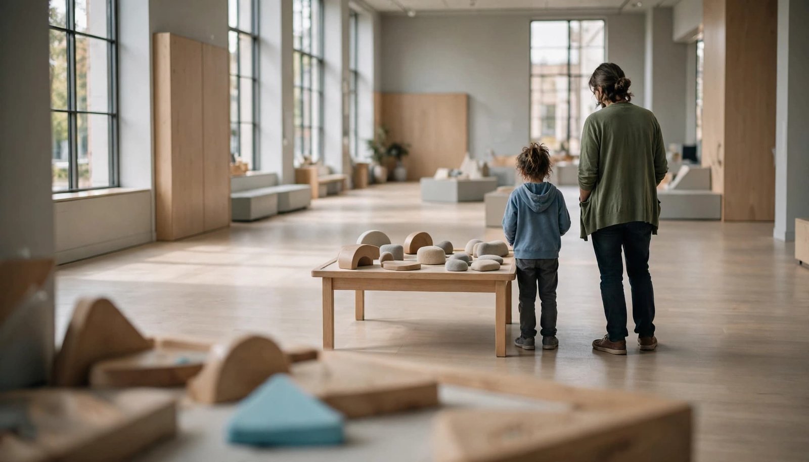 A child and an adult stand viewing tactile wooden shapes on a low table in a bright museum gallery.