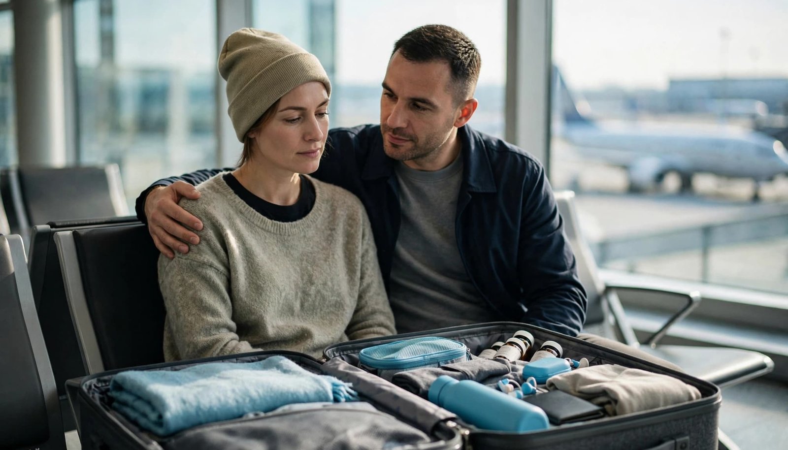 A woman in a beanie and a man sit together at an airport gate, looking at an open suitcase filled with travel gear.