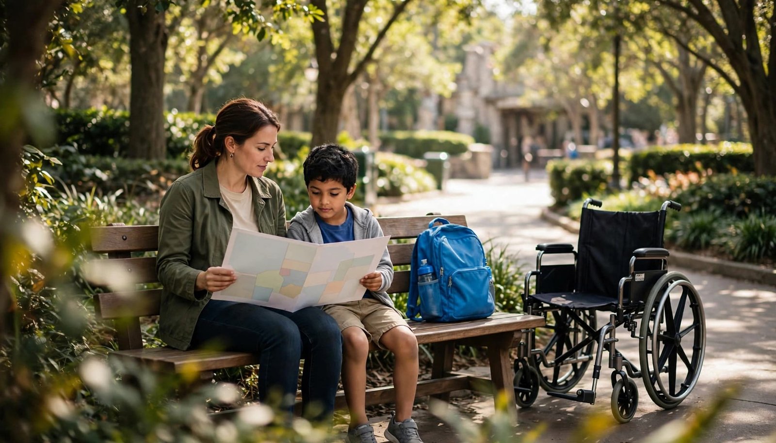 Resort Kids Clubs: Questions About Disability Support A parent and child sit on a park bench, reviewing a map, with a wheelchair and blue backpack nearby.