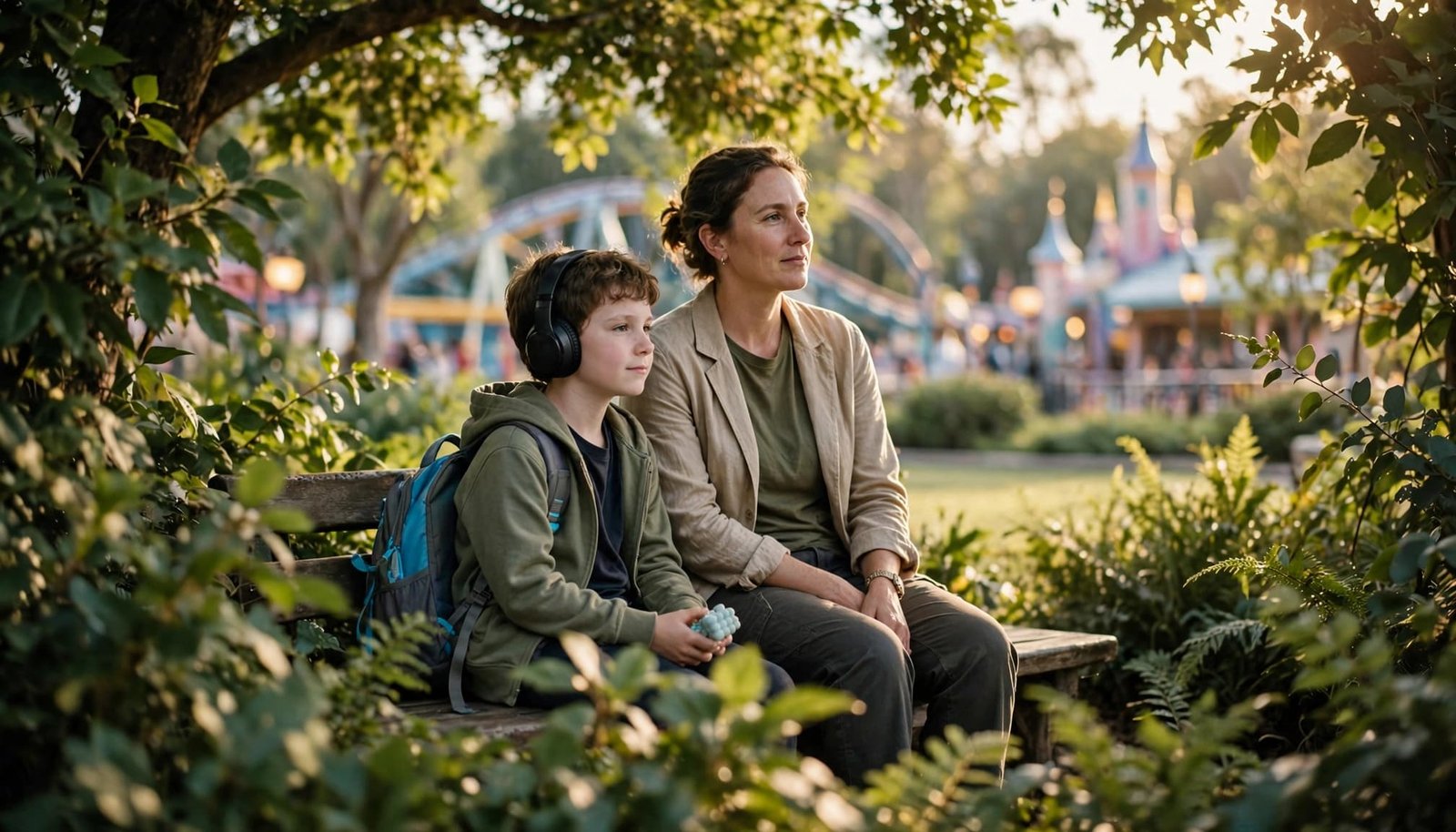 Disney With Autism: Plan a Family Trip Meeting A child with headphones and a fidget toy sits beside a caregiver on a garden bench.