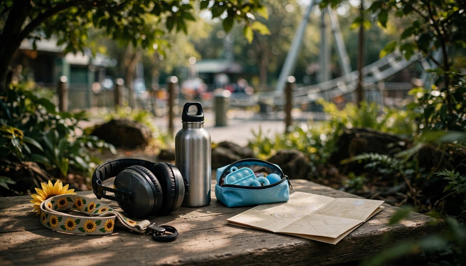 Sensory items and a park map arranged beside a shaded bench.