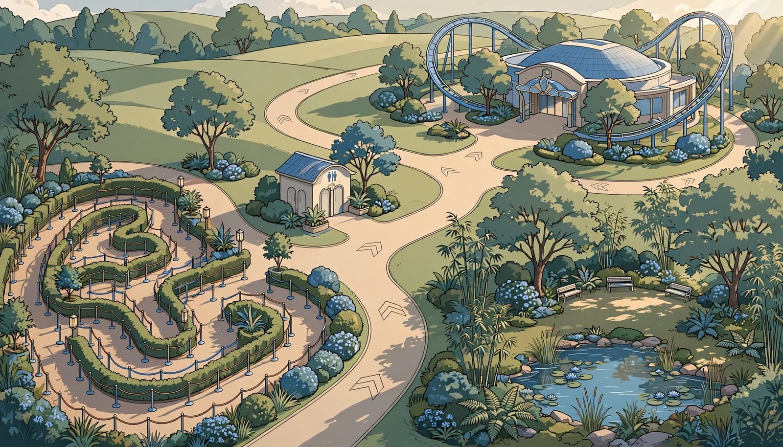 An illustrated theme park map showing a queue, quiet garden, restroom, and an attraction building.