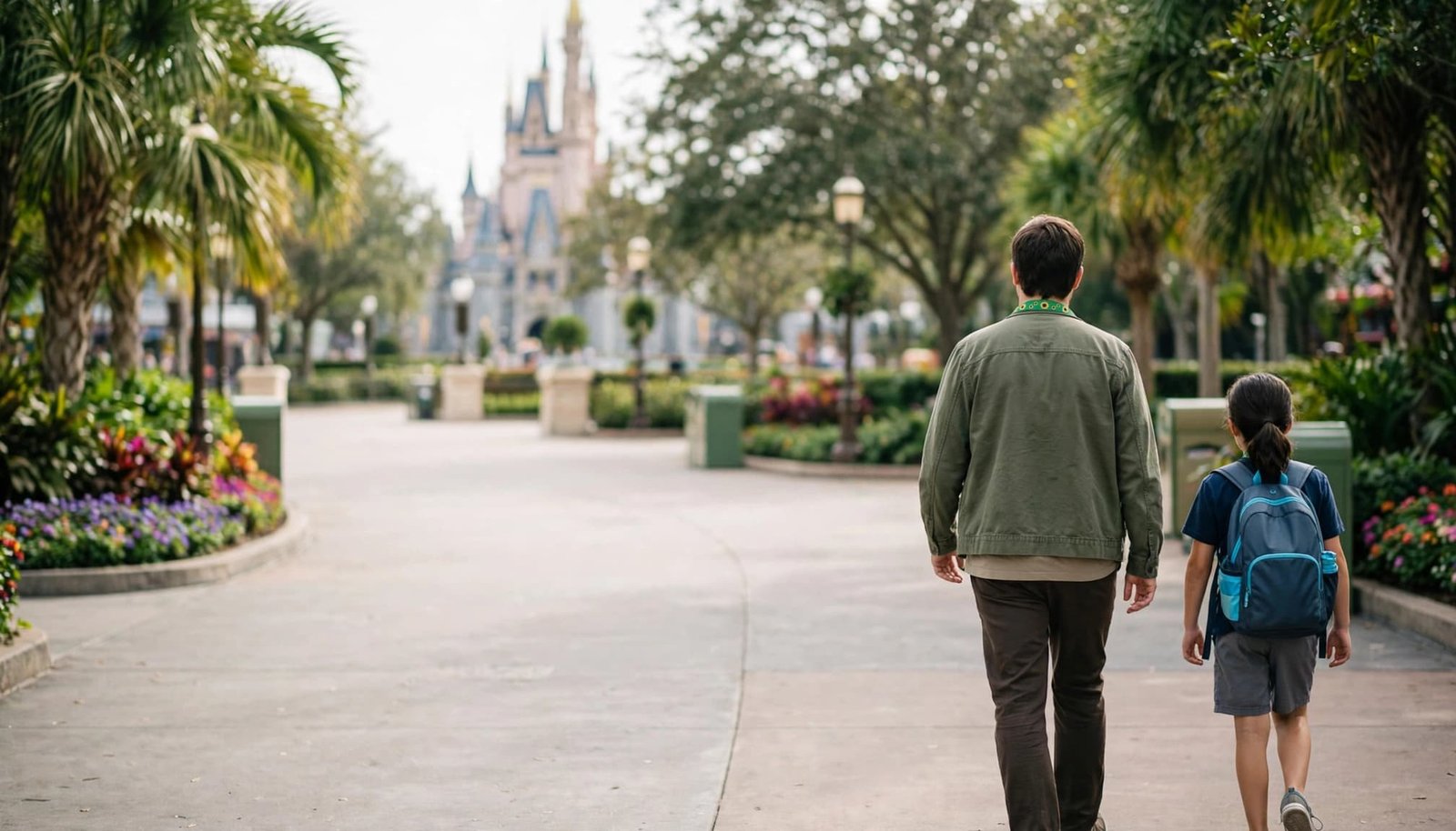 An adult with a green sunflower lanyard walks beside a child on a theme park path.