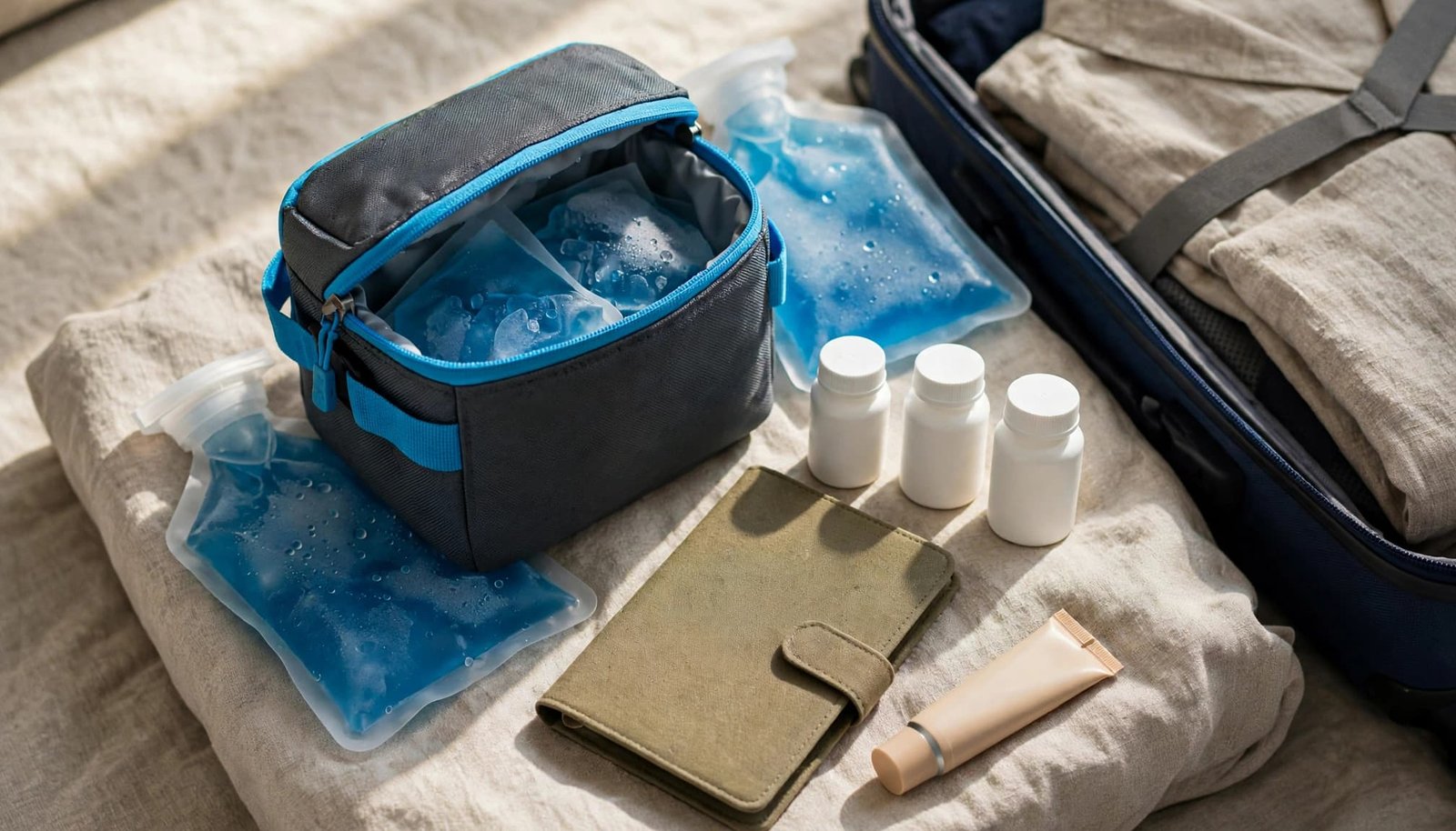 Traveling With Rheumatoid Arthritis: Plan for Comfort A travel medication kit with a cooler, ice packs, white pill bottles, a folder, and cream beside a packed suitcase.