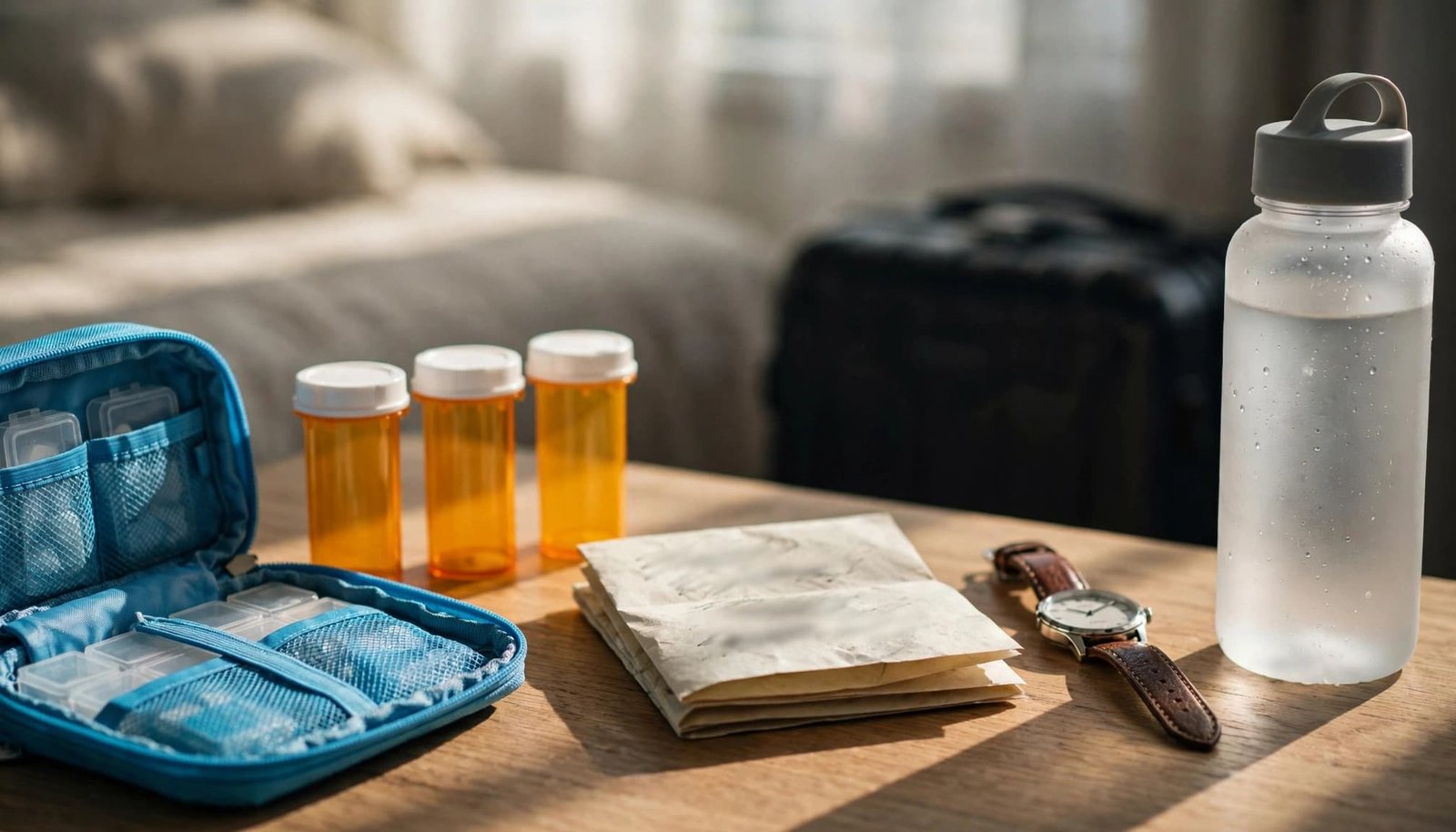 Traveling With Parkinson's: Medication, Movement, Rest A travel medication kit, prescription bottles, folded paper, watch, and water bottle on a table.