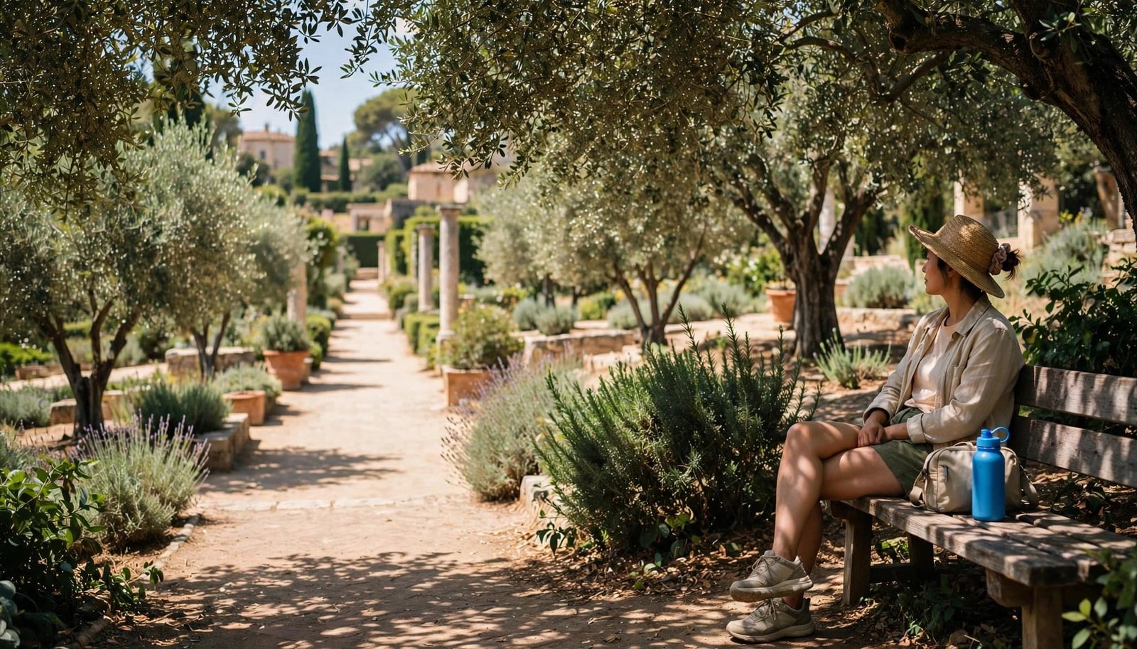 A traveler wearing a hat rests on a bench in a sunny, tree-lined garden path.