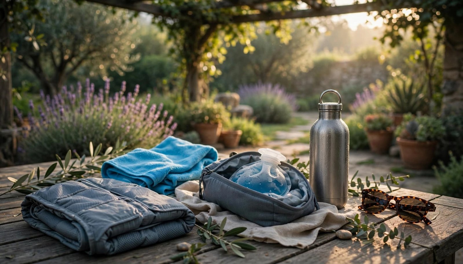 Traveling With Multiple Sclerosis: Fatigue and Mobility Travel cooling supplies and a water bottle on a wooden patio table.