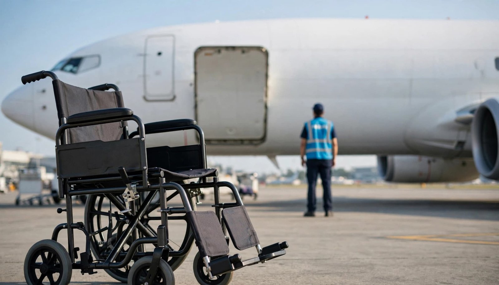 Airline Disability Assistance: What U.S. Rules Require A folded manual wheelchair in the foreground on an airport tarmac with an airplane and worker in the background.