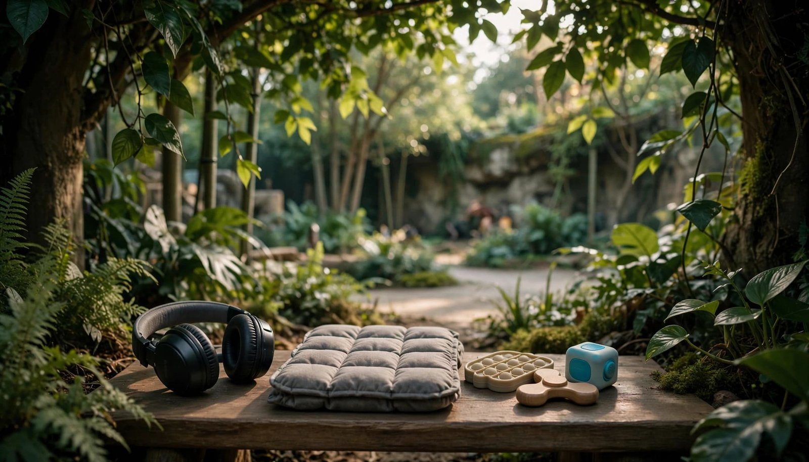Autism-Friendly Zoo Visits: A Calmer Family Day Headphones, a weighted lap pad, and fidget toys are arranged on a wooden bench in a shaded garden.